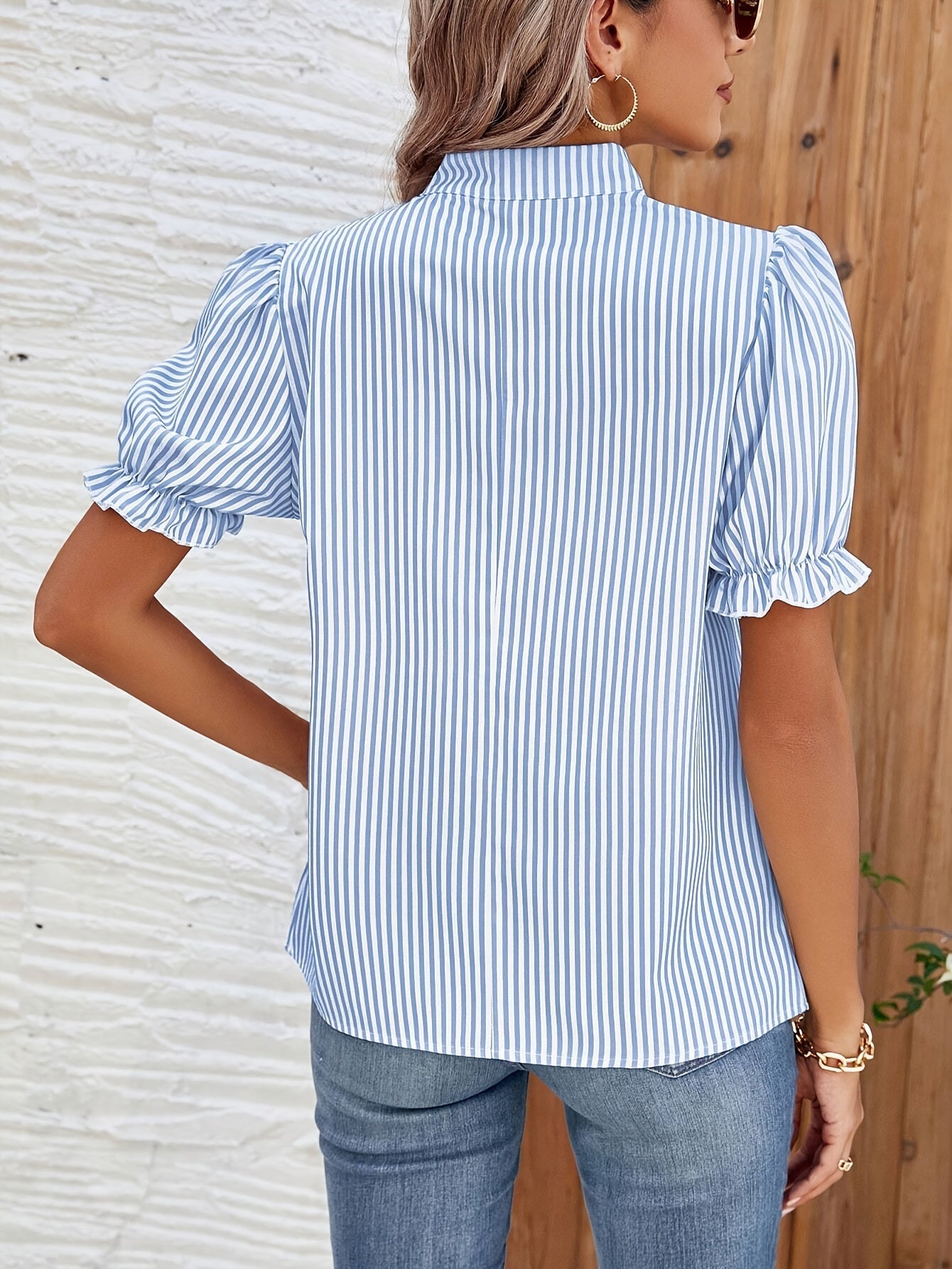 Dam Blus Randig Vardag Elegant Puffärm