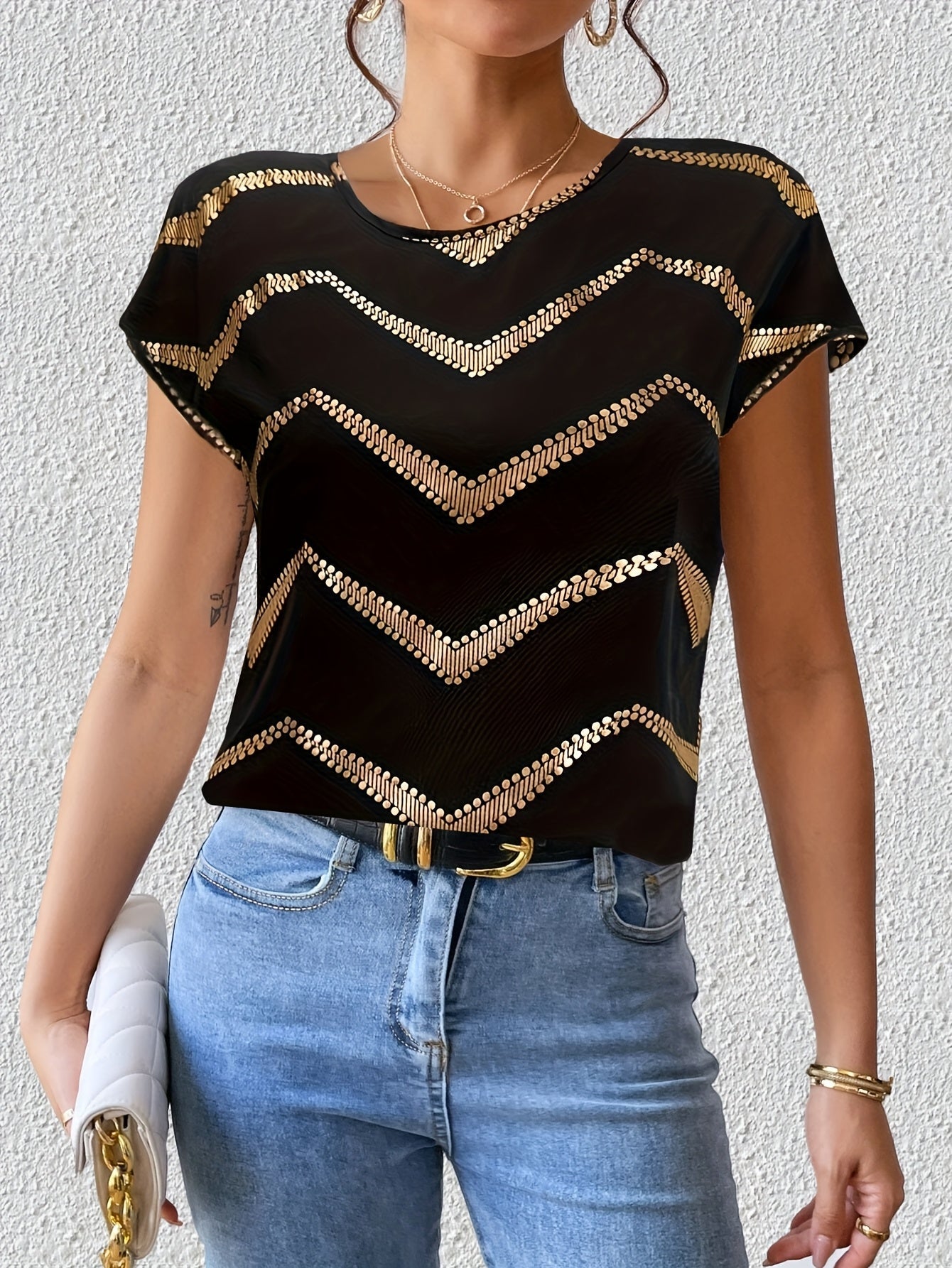 Dam Topp Elegant Geometriskt Mönster Kortärmad