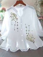Dam Elegant Blus med Broderade Blommor