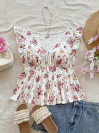 Dam Peplum Blus med Blommigt Mönster