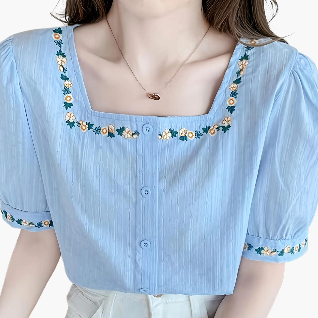 Dam Elegant Blus med Broderade Blommor