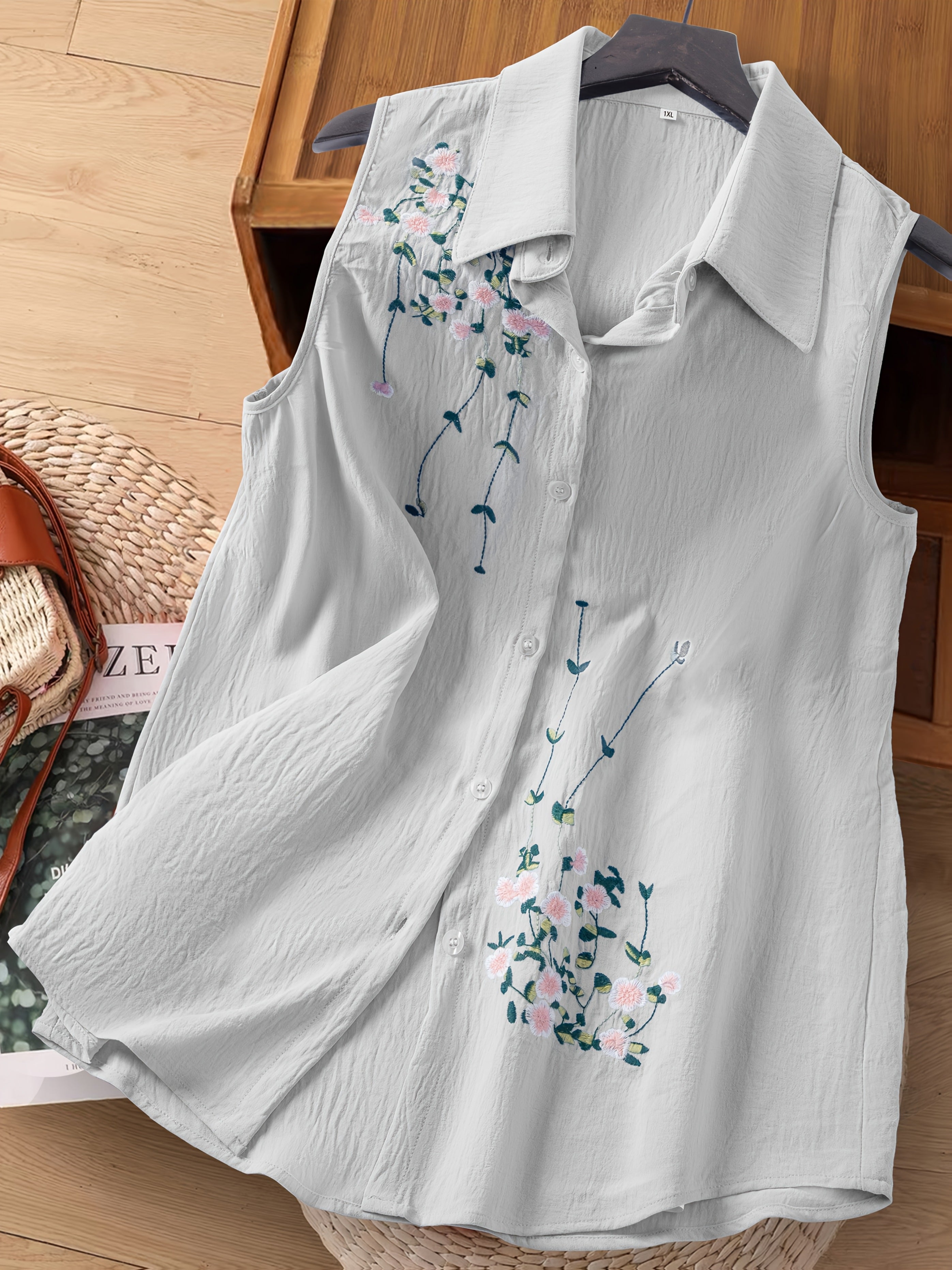 Dam Ärmlös Elegant Blus med Broderade