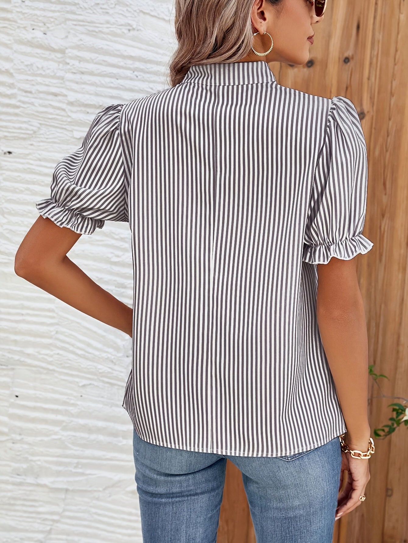Dam Blus Randig Vardag Elegant Puffärm