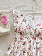 Dam Peplum Blus med Blommigt Mönster
