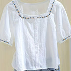 Dam Elegant Blus med Broderade Blommor