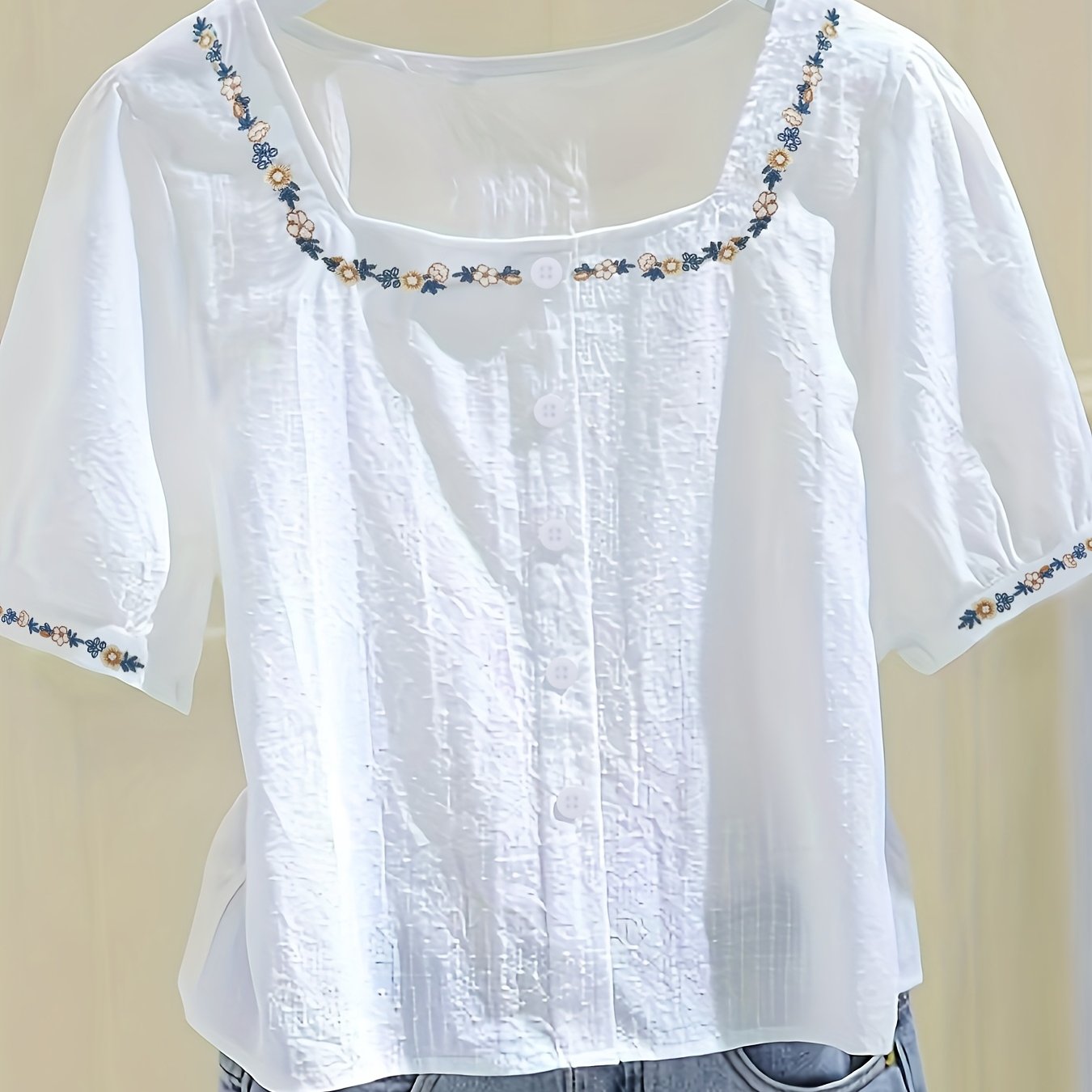 Dam Elegant Blus med Broderade Blommor