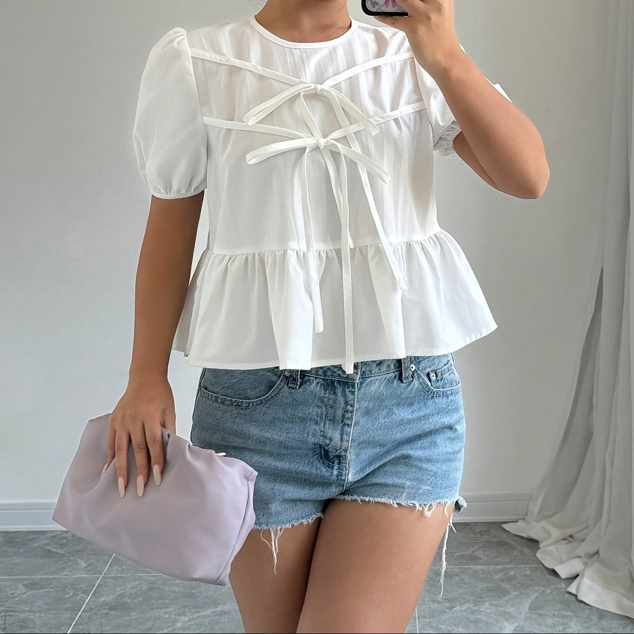 Dam Peplum Blus med Puffärmar och