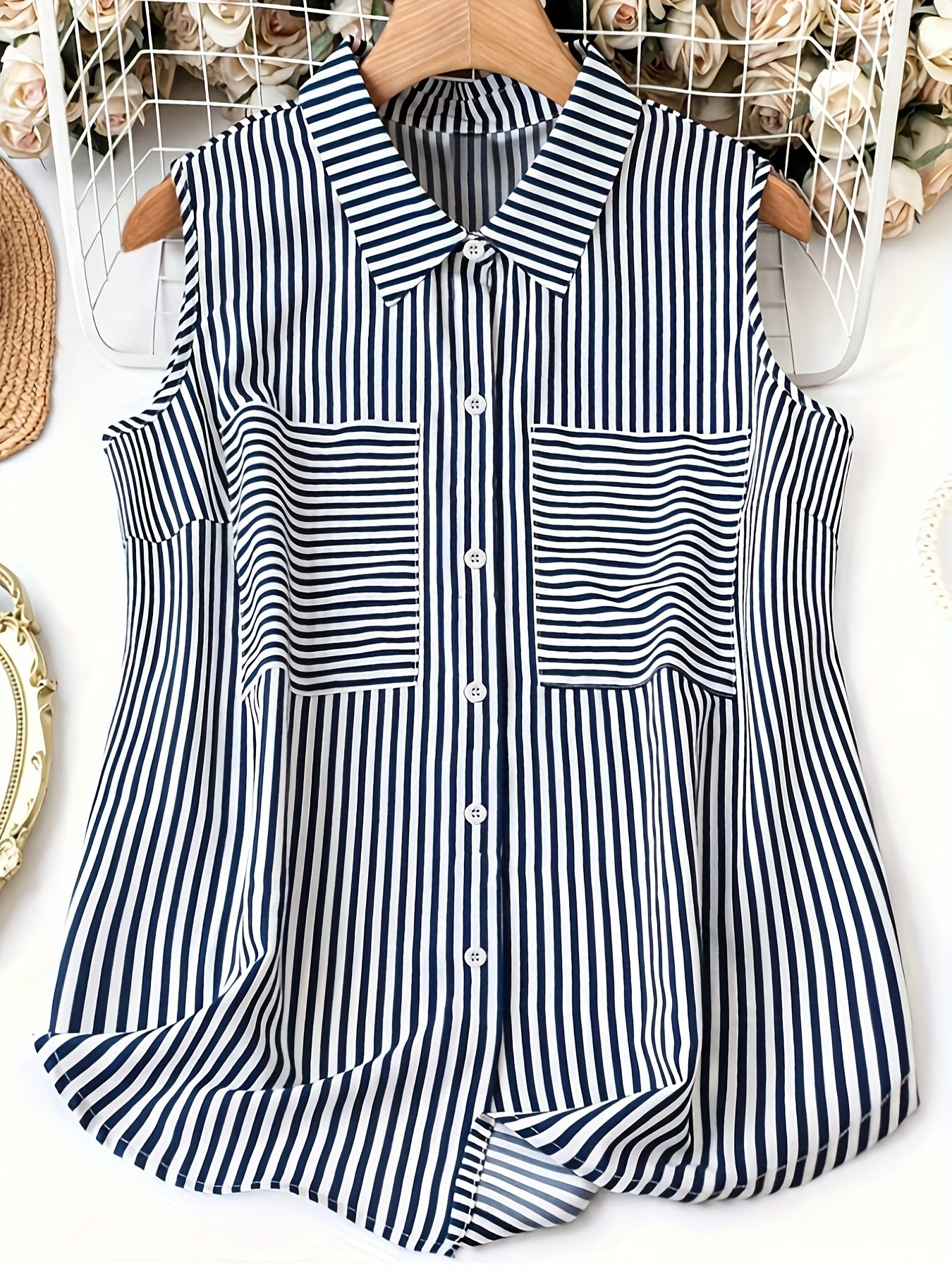 Dam Ärmlös Randig Skjortblus Elegant Sommar
