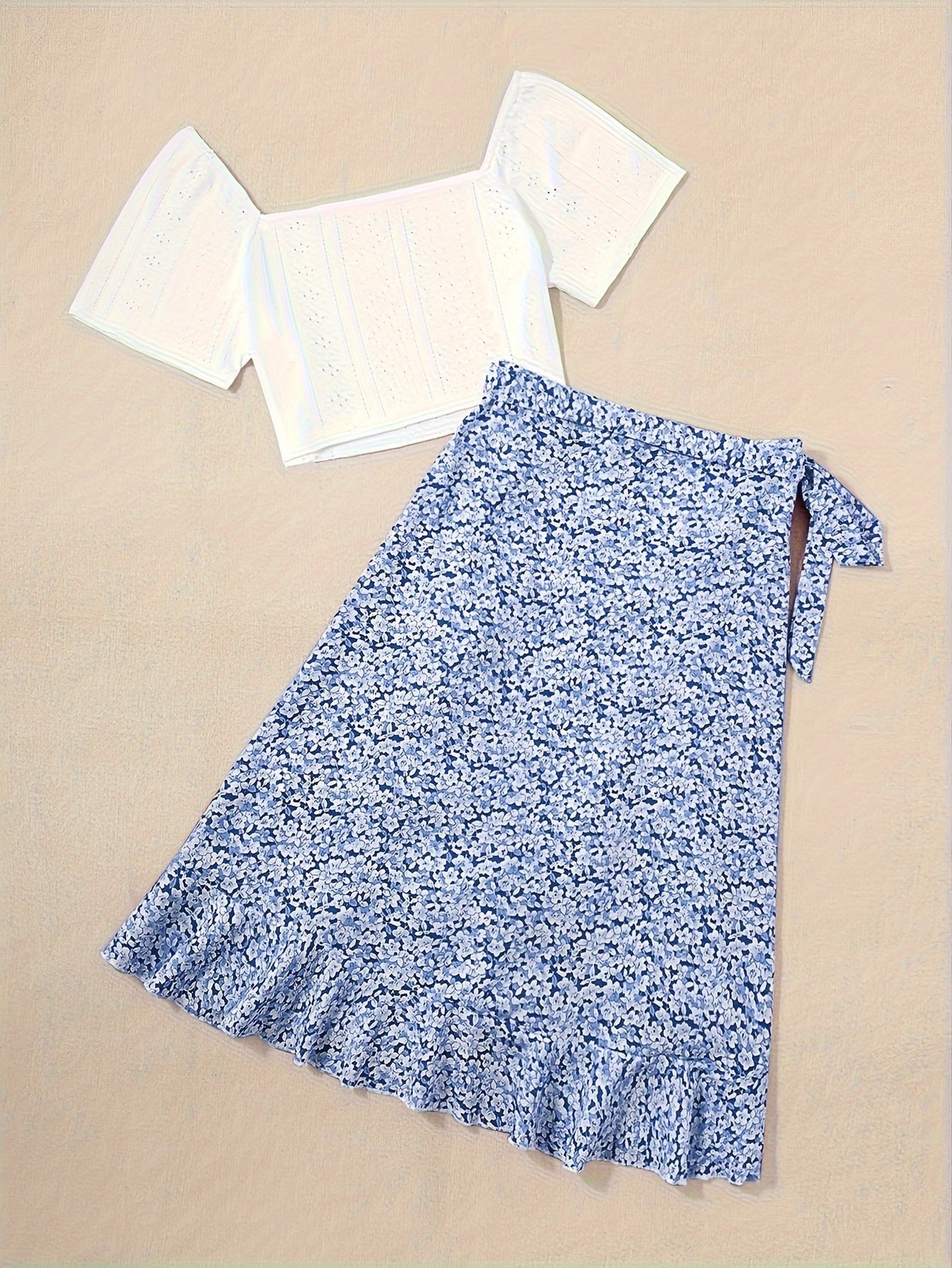 Damers romantisk tvådelad sommaroutfit med blus