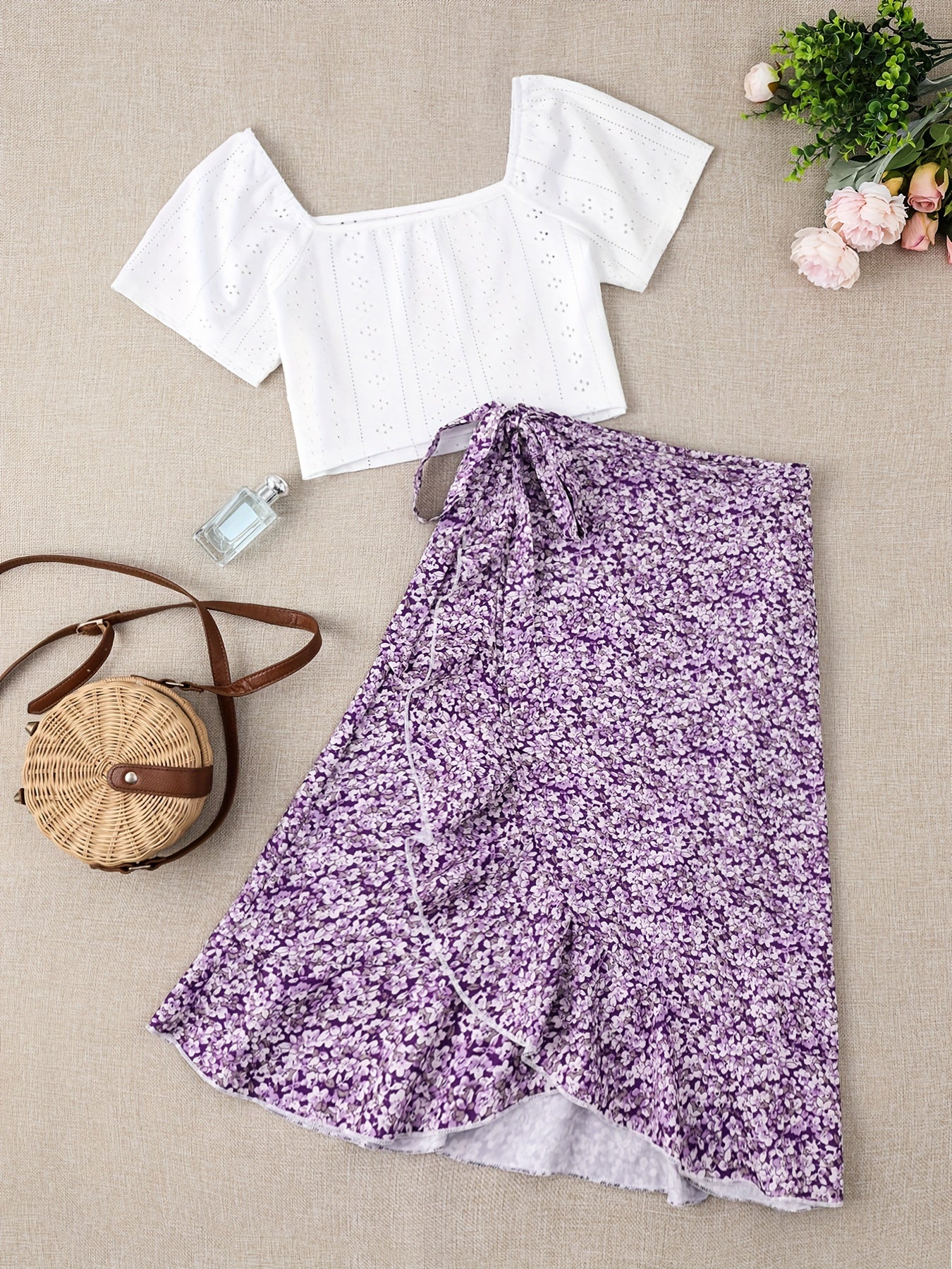 Damers romantisk tvådelad sommaroutfit med blus