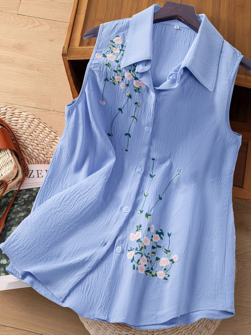 Dam Ärmlös Elegant Blus med Broderade