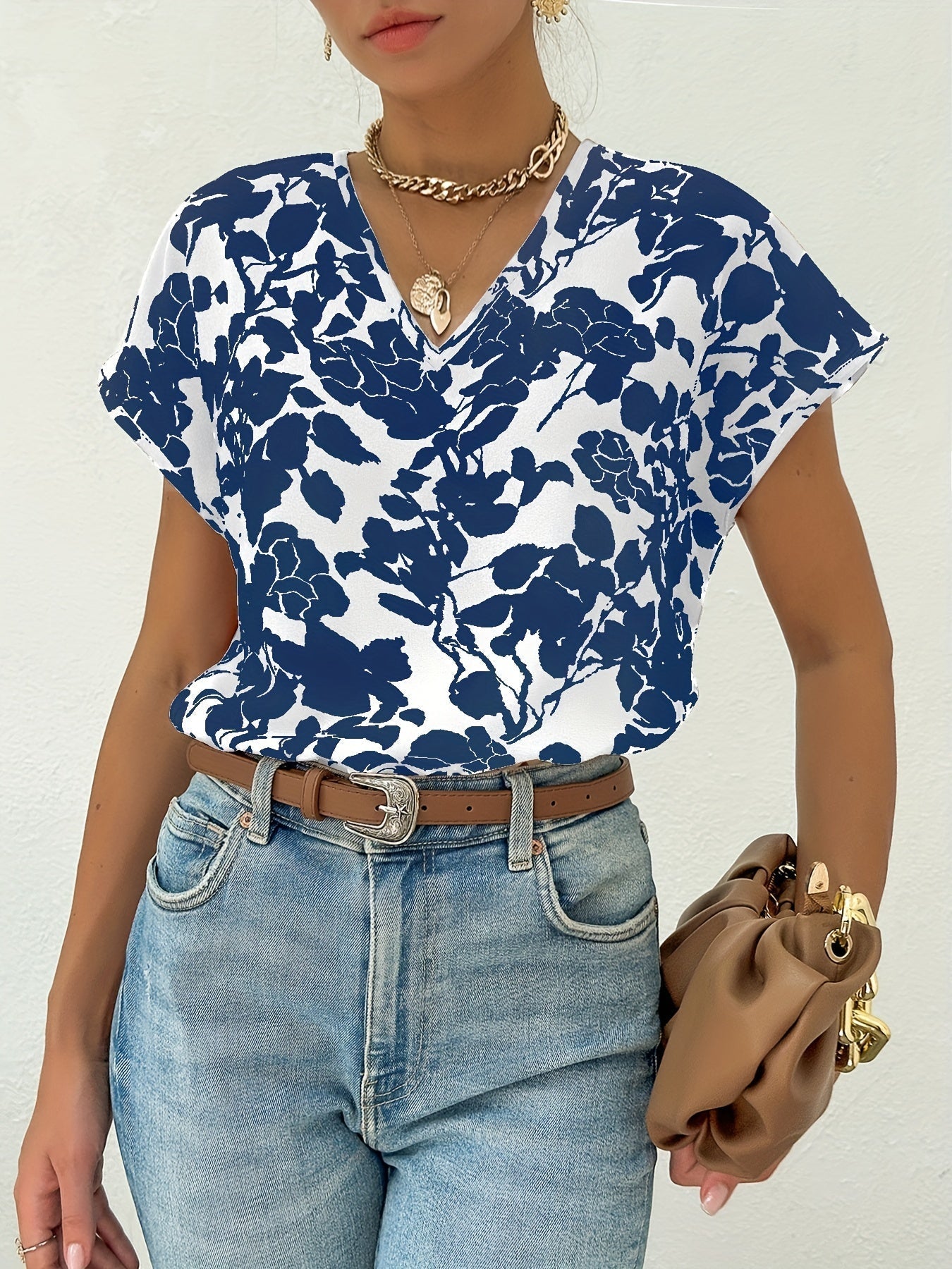 Dam Elegant Blus med Blommönster och