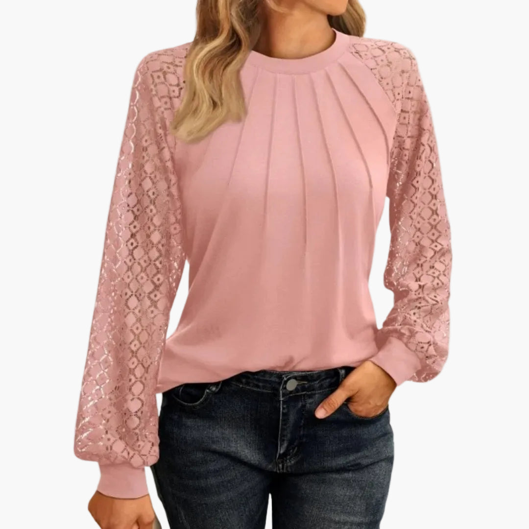 Dam Blus med Långärmade Spetsärmar och