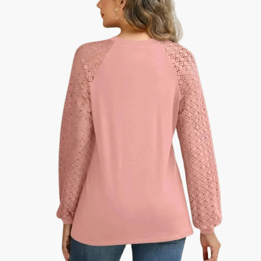 Dam Blus med Långärmade Spetsärmar och