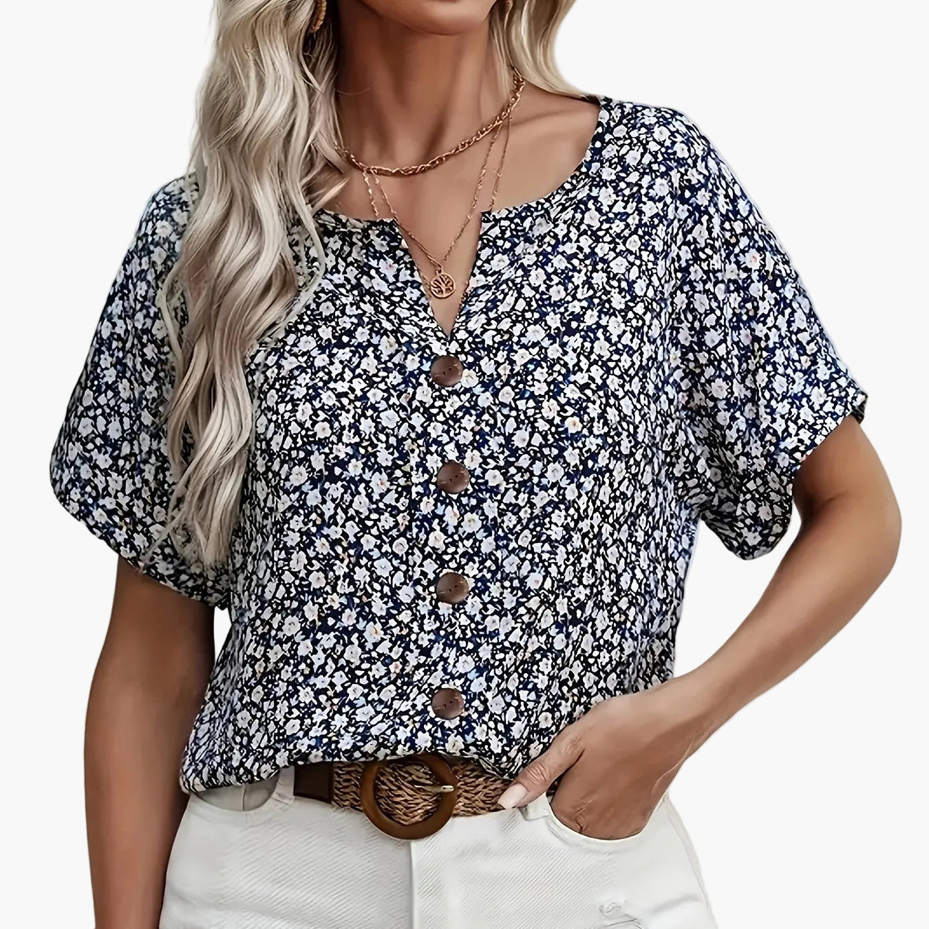 Dam Blommig Kortärmad Skjortblus