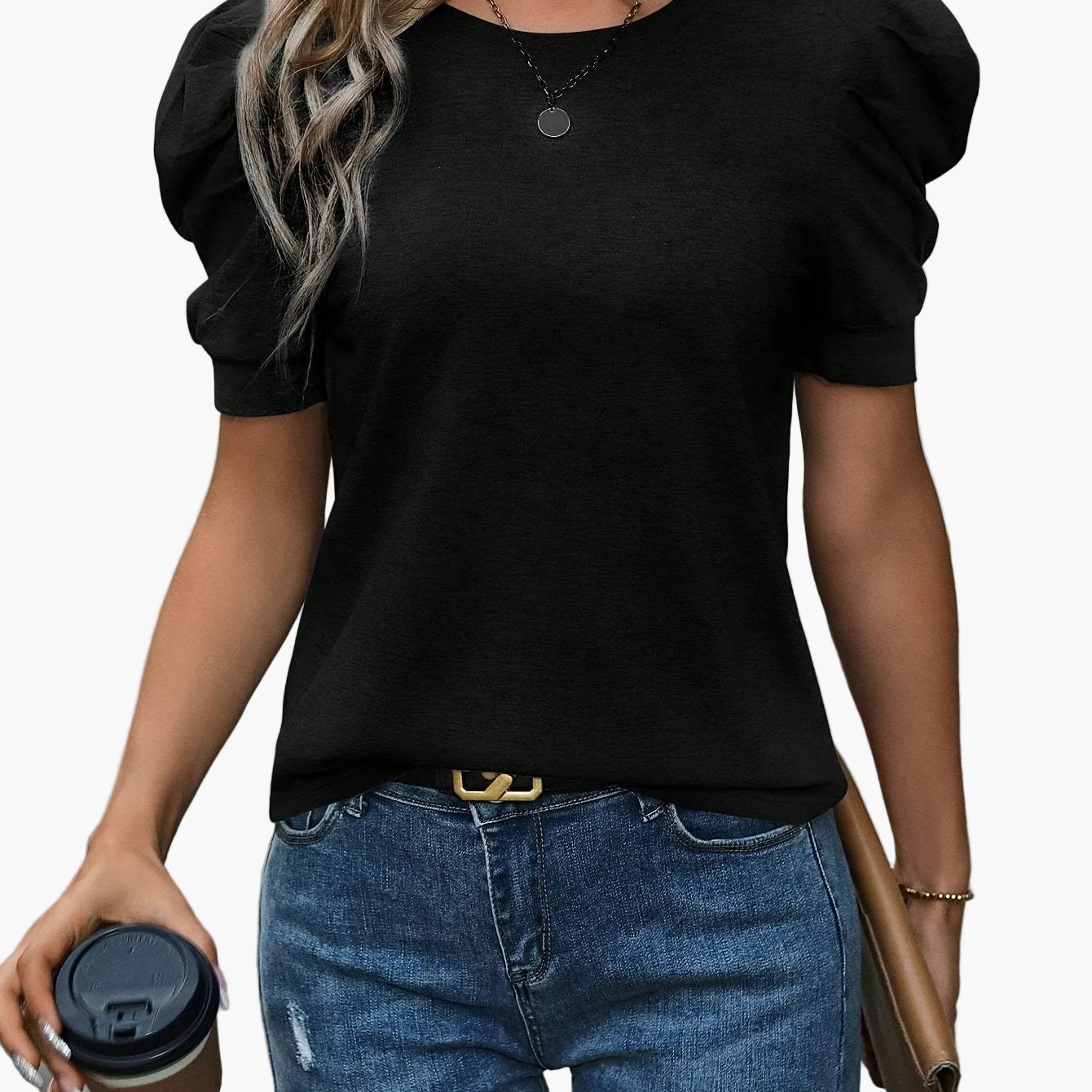 Dam Topp Elegant Puffärm Kortärmad Blus