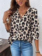 Dam Elegant Leopardmönstrad Blus med Lång