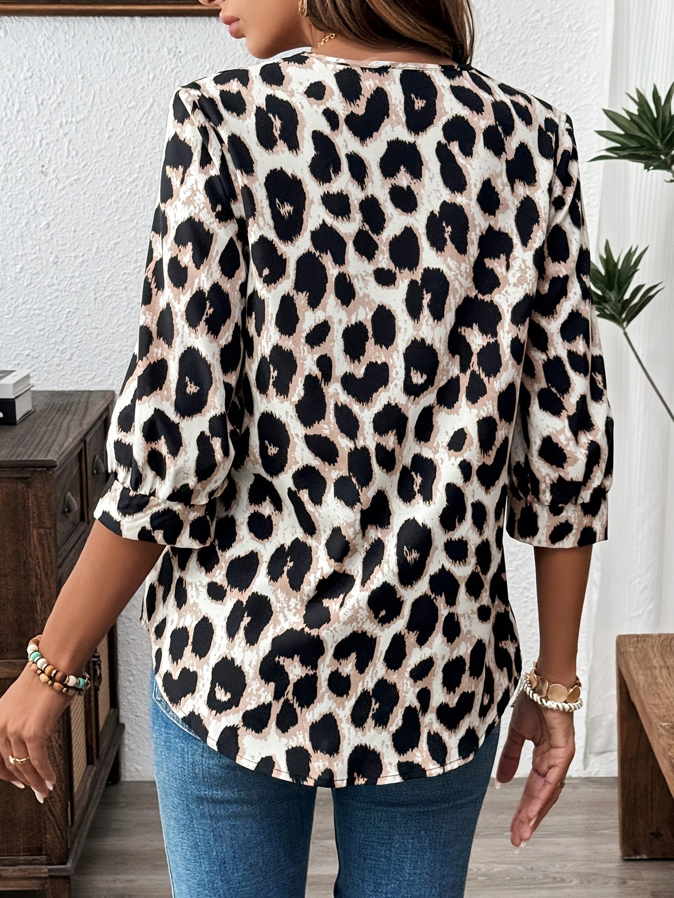 Dam Elegant Leopardmönstrad Blus med Lång