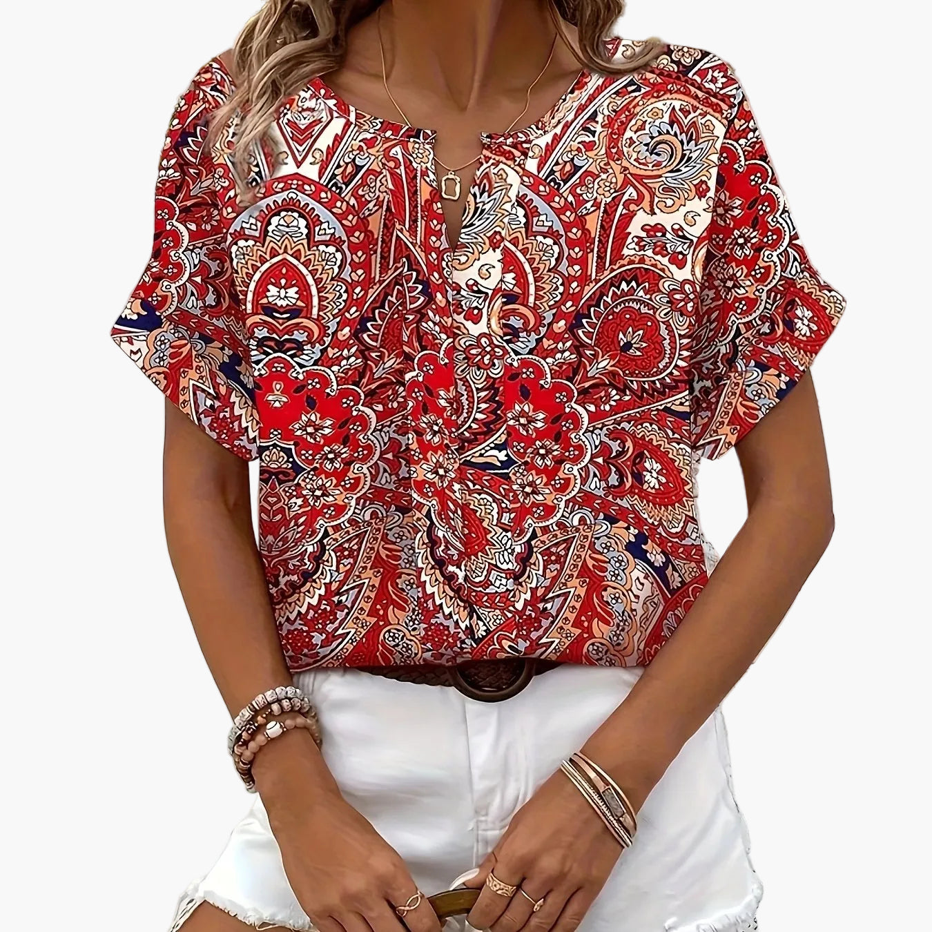 Dam Blus Elegant Mönstrad Kortärmad Top