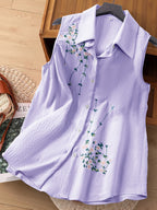 Dam Ärmlös Elegant Blus med Broderade
