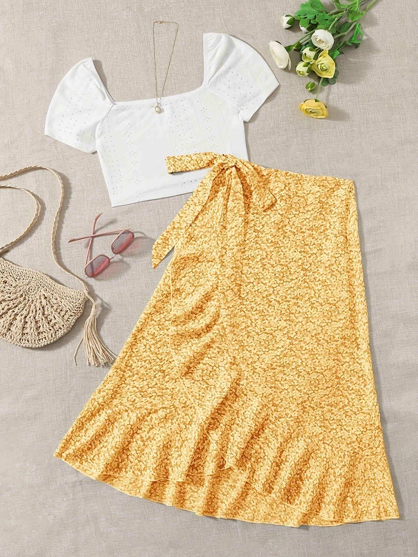 Damers romantisk tvådelad sommaroutfit med blus