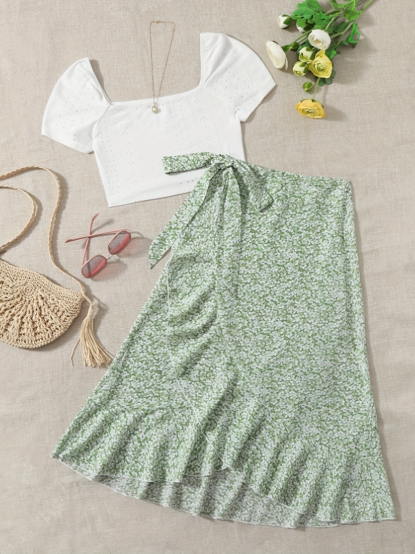 Damers romantisk tvådelad sommaroutfit med blus
