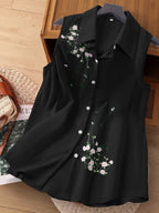 Dam Ärmlös Elegant Blus med Broderade