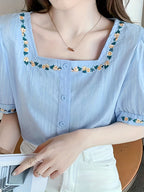 Dam Elegant Blus med Broderade Blommor