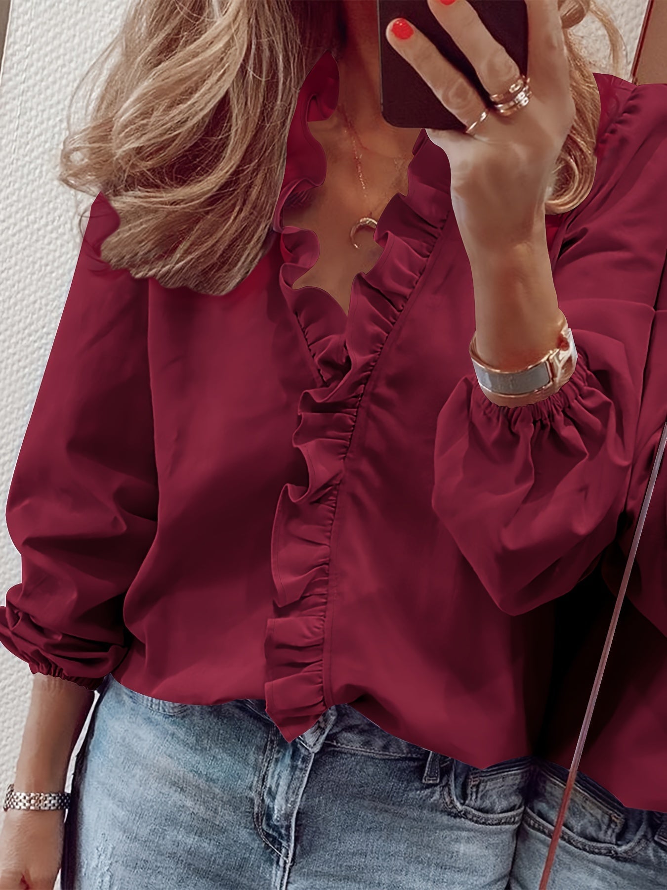 Dam Elegant Rutig Volangblus med V