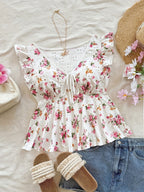 Dam Peplum Blus med Blommigt Mönster