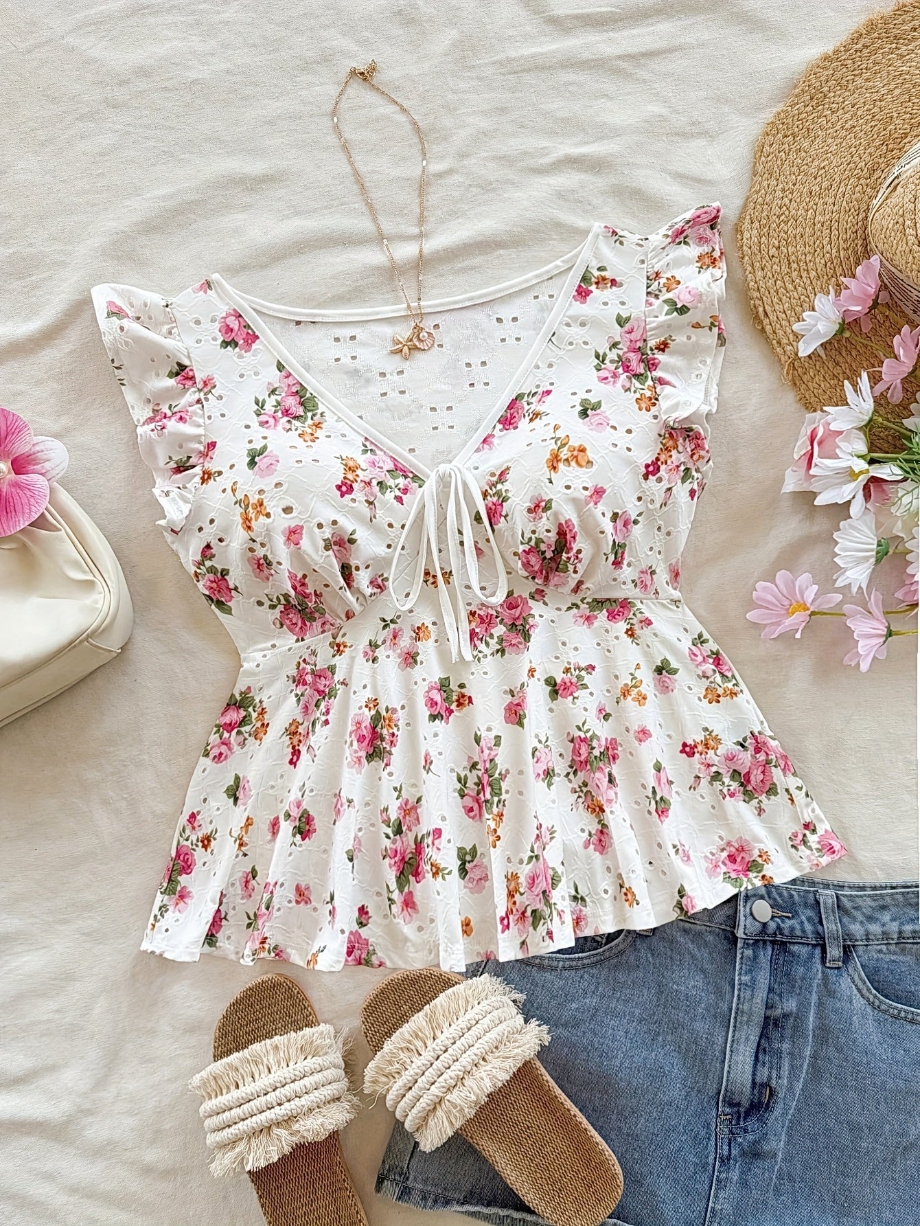Dam Peplum Blus med Blommigt Mönster