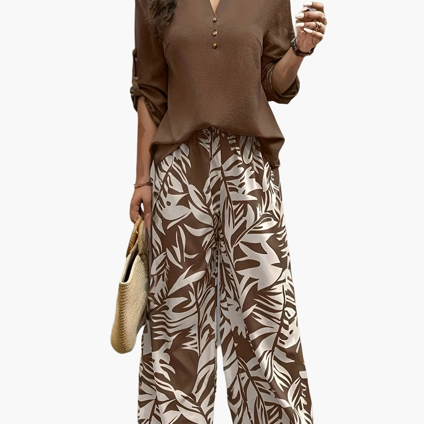 Dam Set Elegant Tropisk Mönstrad Blus