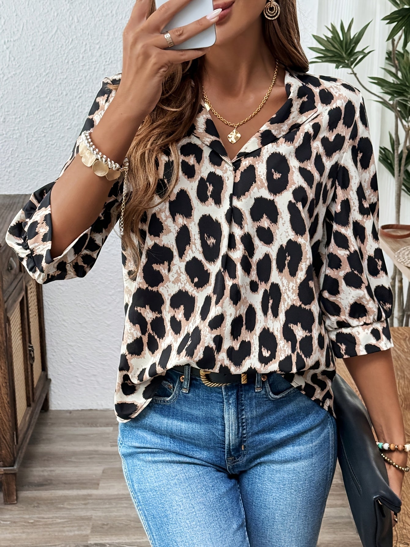 Dam Elegant Leopardmönstrad Blus med Lång