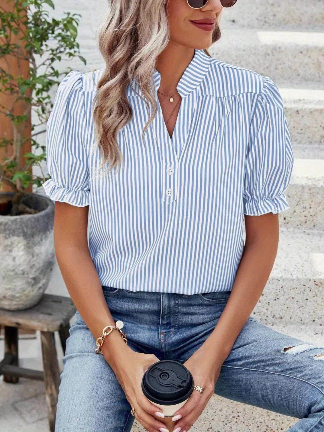 Dam Blus Randig Vardag Elegant Puffärm