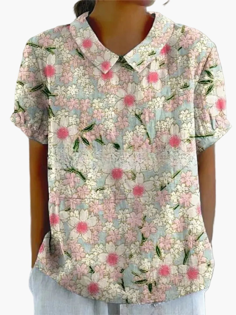 Dam Blus Vintage Blommönster Kortärmad Ledig