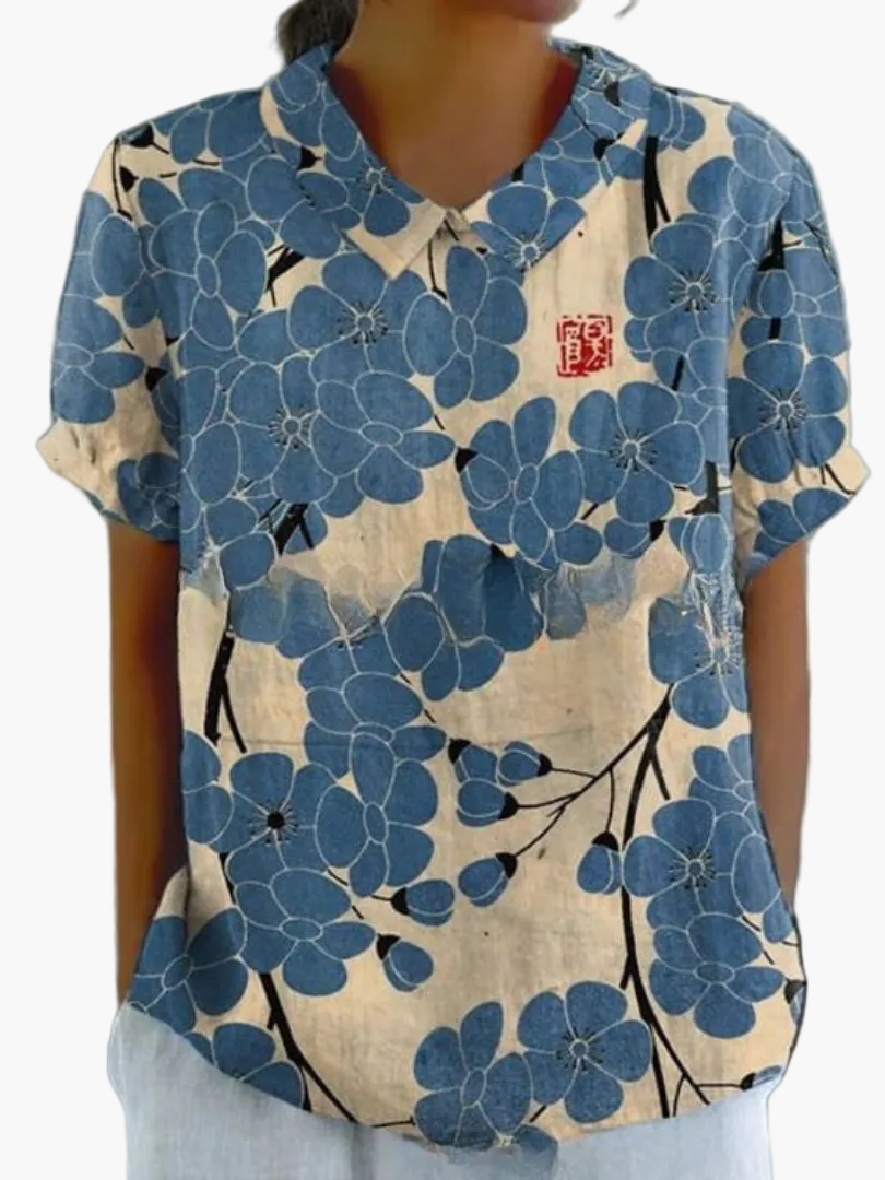Dam Blus Vintage Blommönster Kortärmad Ledig