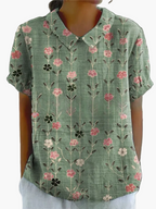 Dam Blus Vintage Blommönster Kortärmad Ledig