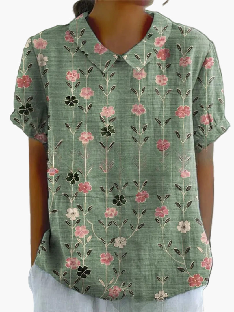 Dam Blus Vintage Blommönster Kortärmad Ledig