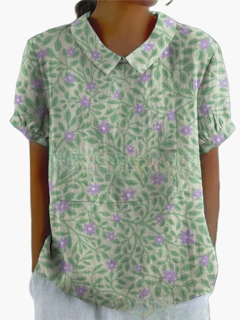 Dam Blus Vintage Blommönster Kortärmad Ledig