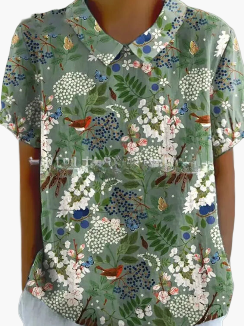 Dam Blus Vintage Blommönster Kortärmad Ledig