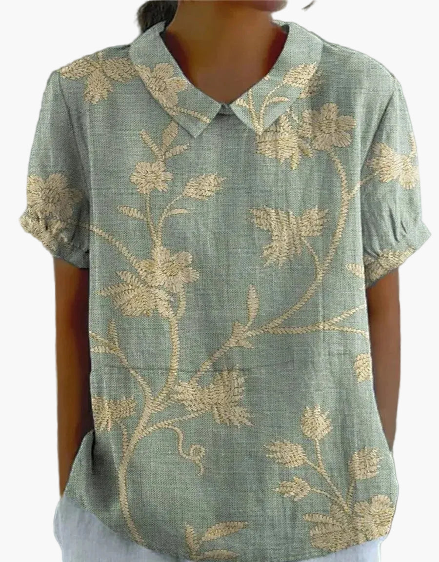 Dam Blus Vintage Blommönster Kortärmad Ledig
