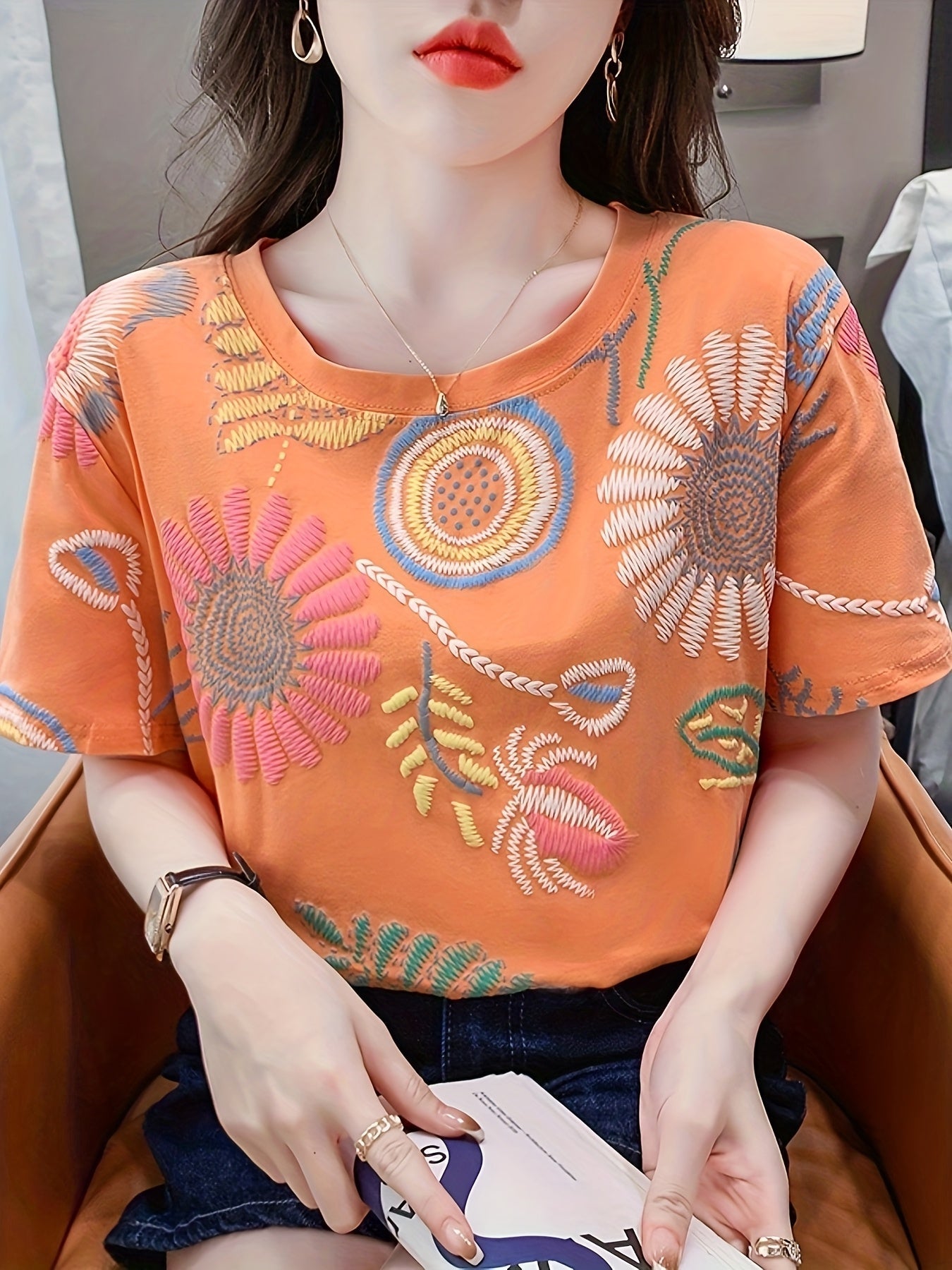 Dam Topp Broderad Boho Stil Ledig
