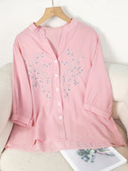 Dam Elegant Blus med Broderade Blommor