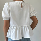 Dam Peplum Blus med Puffärmar och