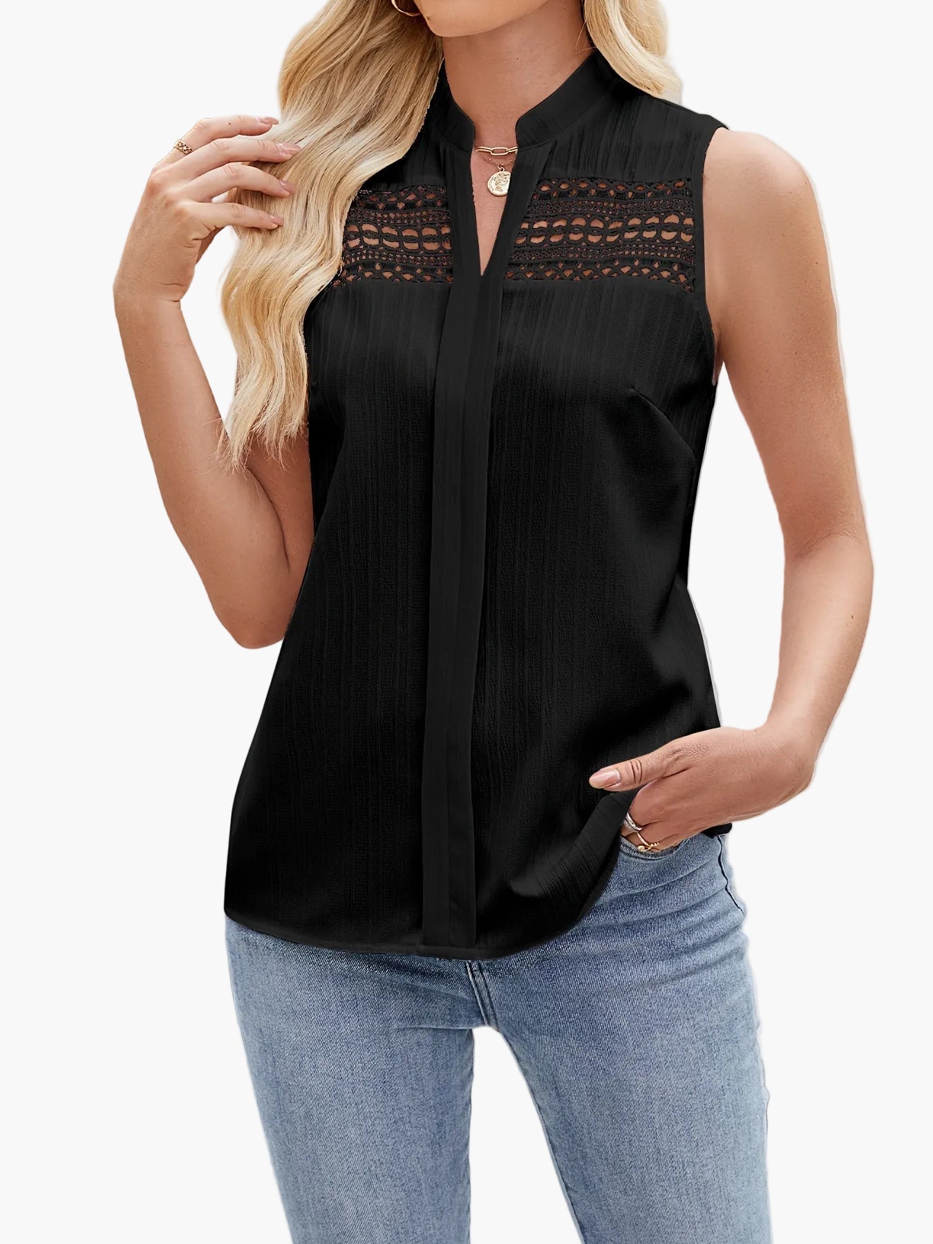 Damblus utan ärm med spetsdetaljer, elegant