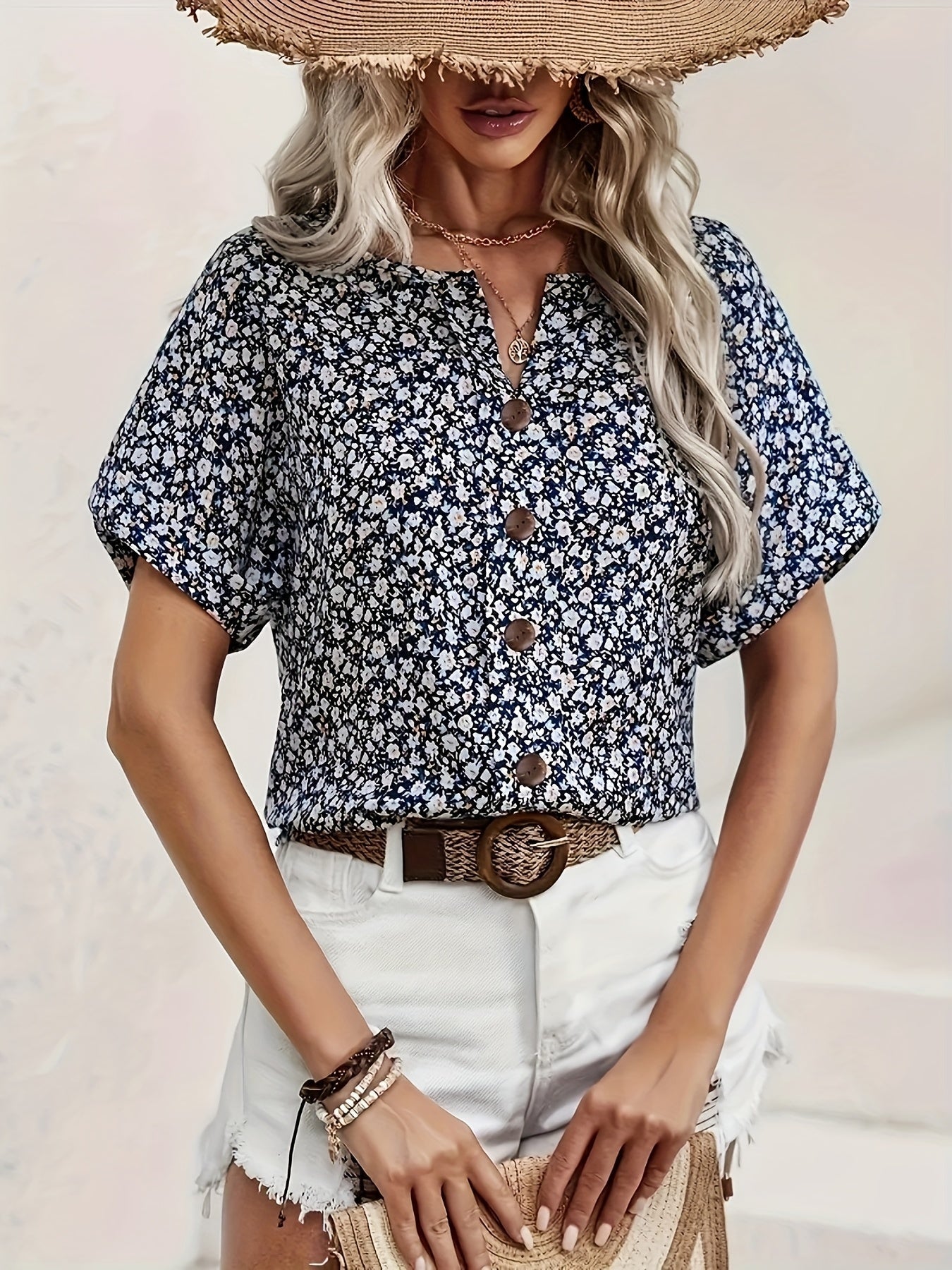 Dam Blommig Kortärmad Skjortblus