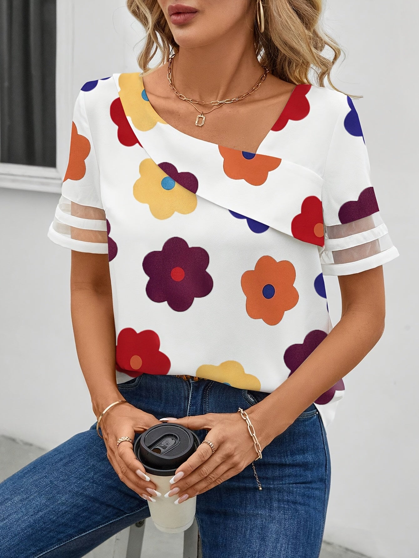 Dam Blus med Asymmetrisk Krage och