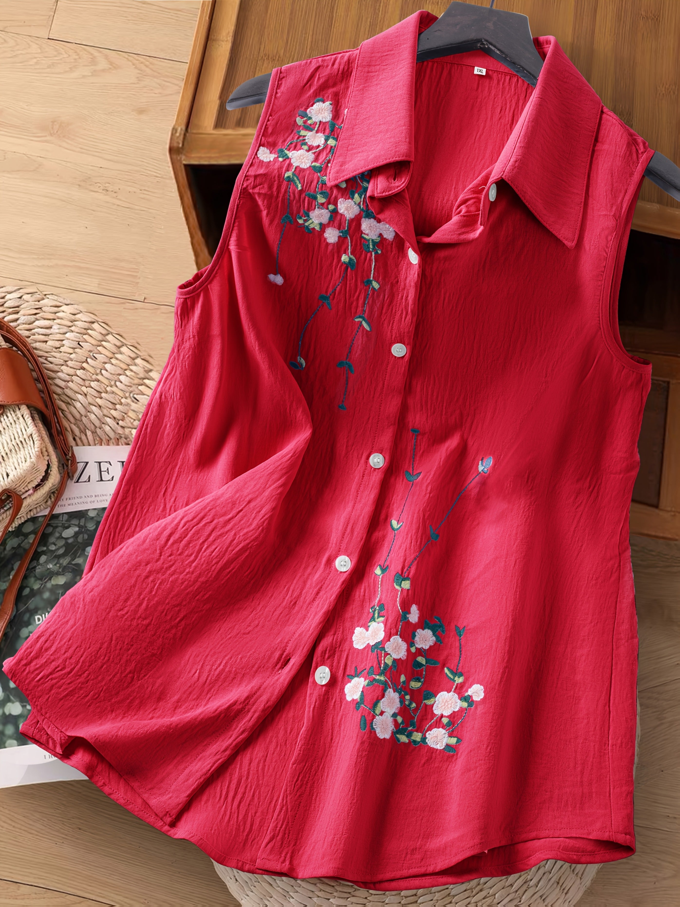 Dam Ärmlös Elegant Blus med Broderade