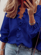 Dam Elegant Rutig Volangblus med V