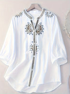 Dam Blus med Broderad Detalj och